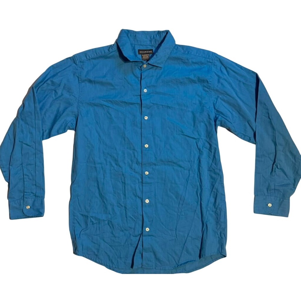 Dockers Mens XL Blue Herringbone Long Sleeve Button Down Shirt Casual Dress Top